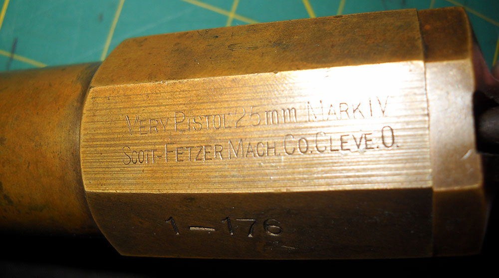 detail, Mk IV Very pistol markings: VERY PISTOL 25mm MARK IV - SCOTT-FETZER MACH. CO. CLEVE. O.